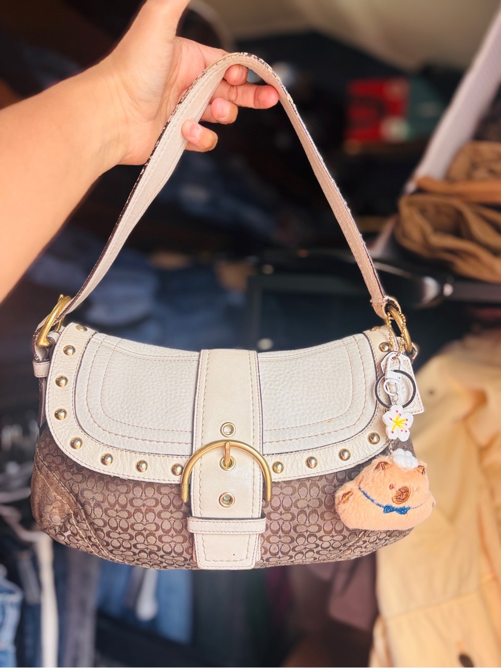 Coach Cream and Brown Signature Hobo Shoulder Bag with Gold Hardware